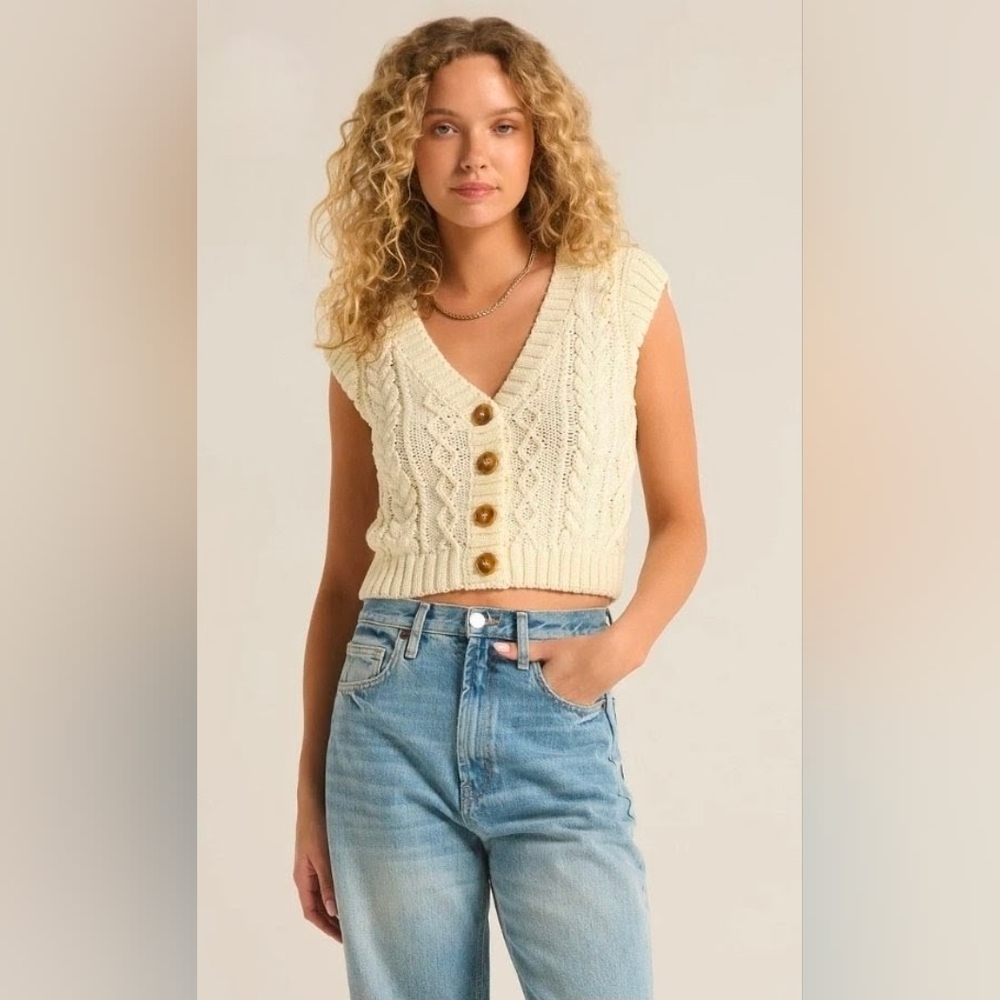 Z Supply Cream V-Neck Cable Knit Sweater Vest